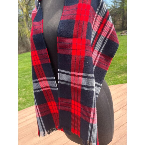 Vtg 1970' Scarf Navy Red White Scottish Plaid Made In USA 100% Superfine Acrylic - Picture 6 of 10